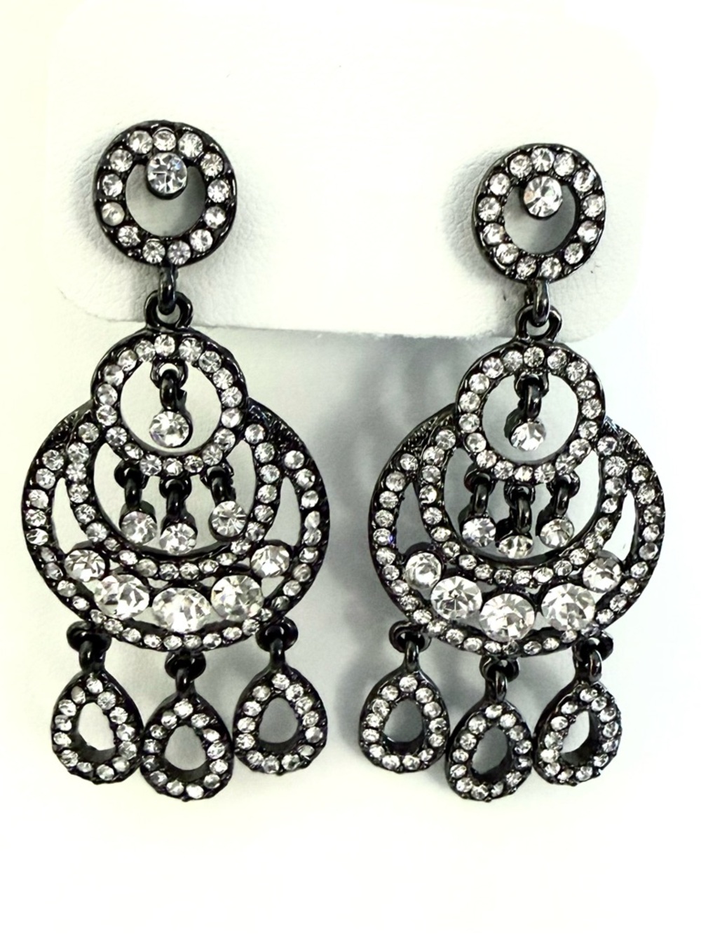 Givenchy Gunmetal Rhinestone Chandelier Earrings • Art Deco Glam Statement Drops